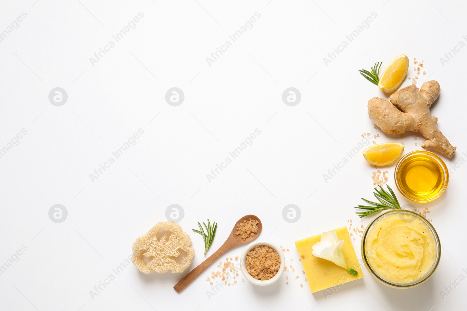 Photo of Composition with body scrub on white background, top view