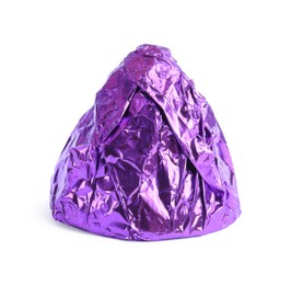 Photo of Tasty candy in purple wrapper isolated on white