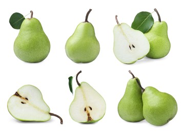 Image of Set with tasty ripe pears on white background