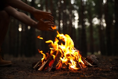 Photo of Man warming hands near burning firewood in forest, closeup