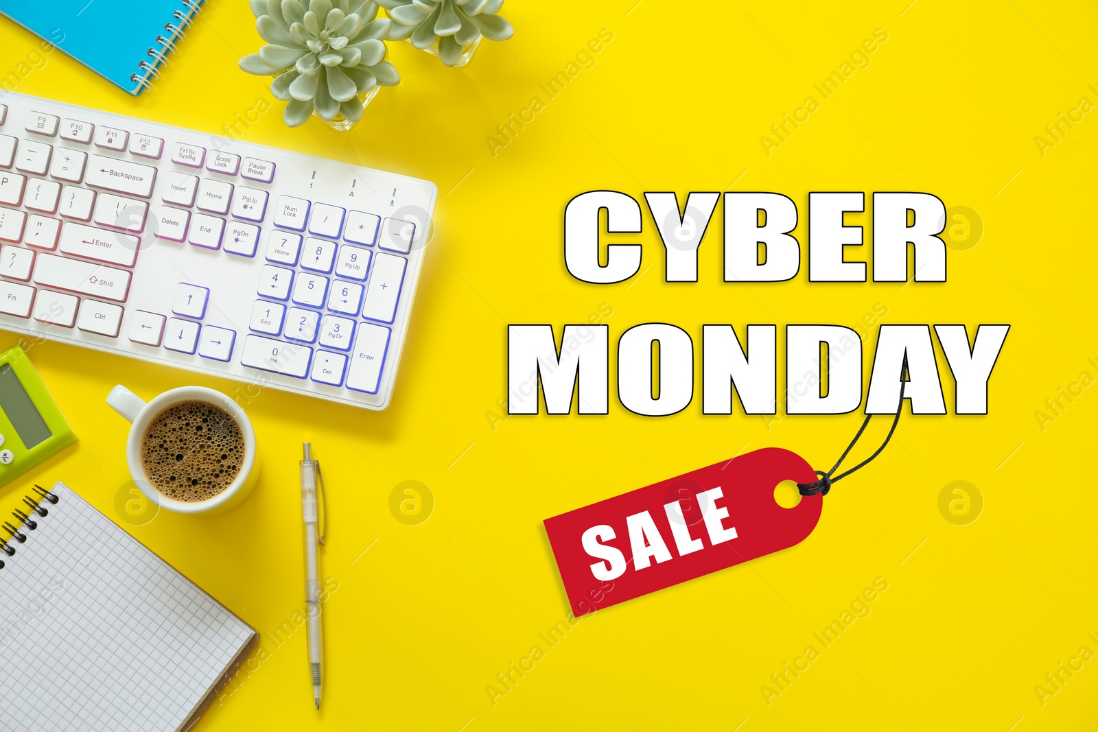Image of Cyber Monday Sale. Modern keyboard and stationery on yellow background, flat lay