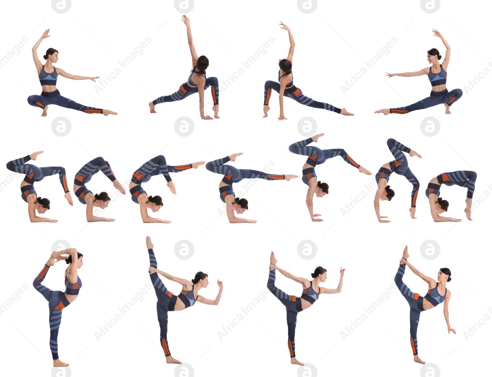 Image of Collage of professional young acrobat exercising on white background