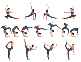 Collage of professional young acrobat exercising on white background