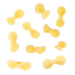 Raw farfalline pasta isolated on white, set