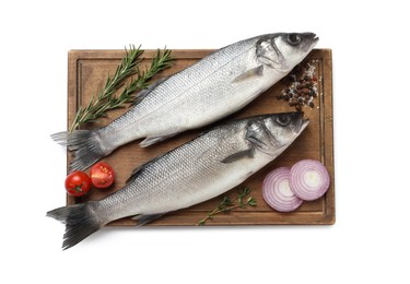 Tasty sea bass fish and ingredients isolated on white, top view