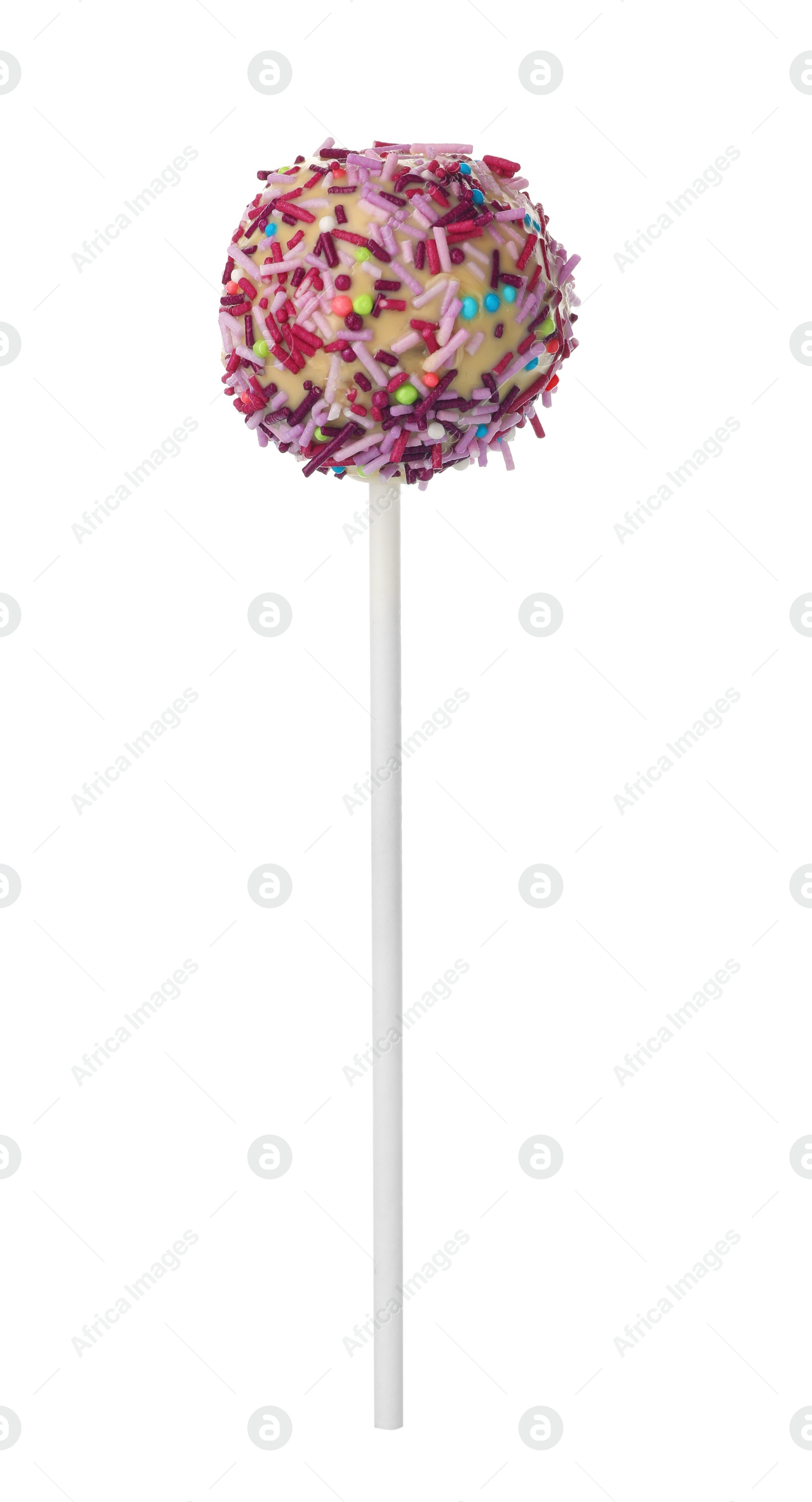 Photo of Tasty cake pop with colorful sprinkles isolated on white