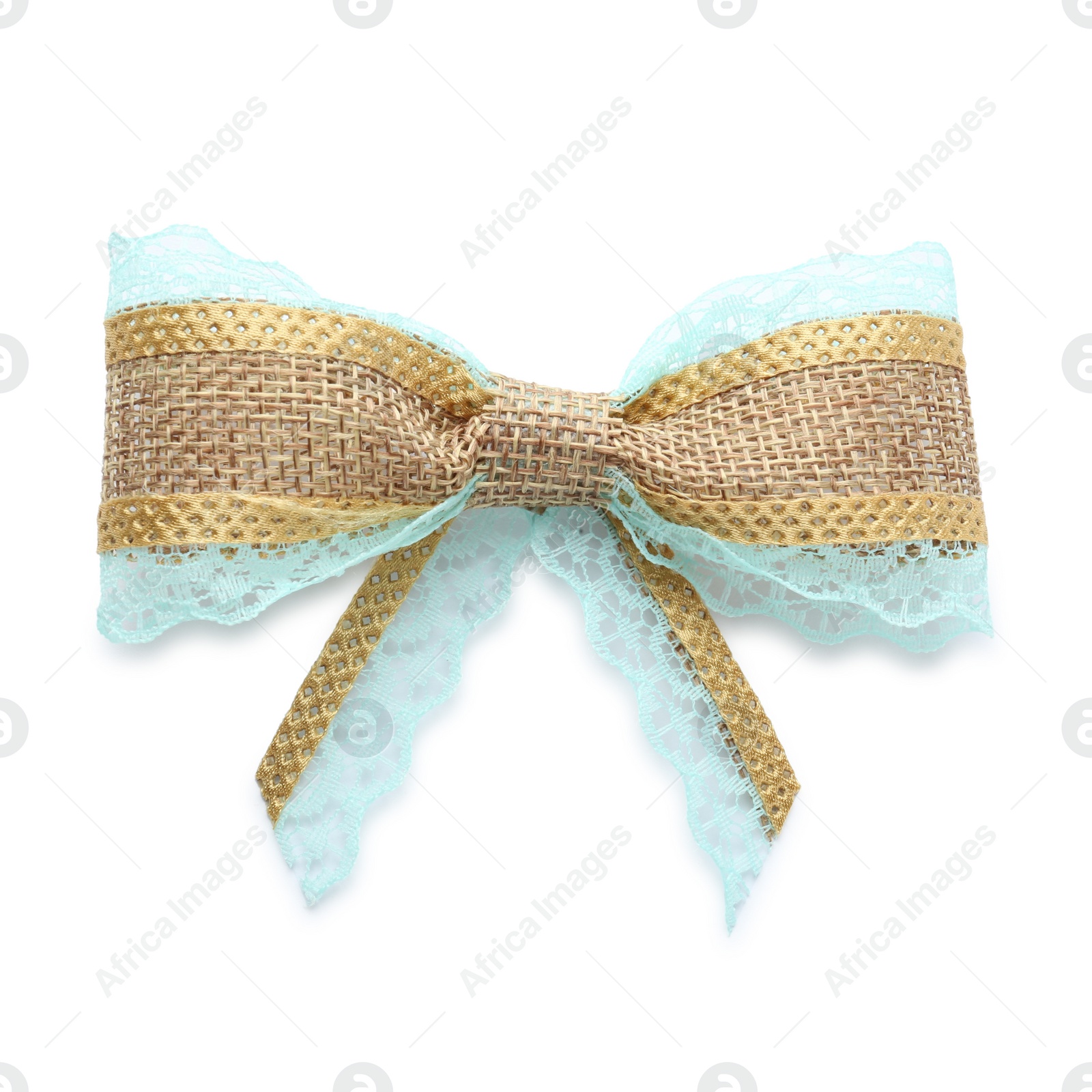 Photo of Pretty burlap bow with light blue lace isolated on white