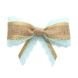 Photo of Pretty burlap bow with light blue lace isolated on white