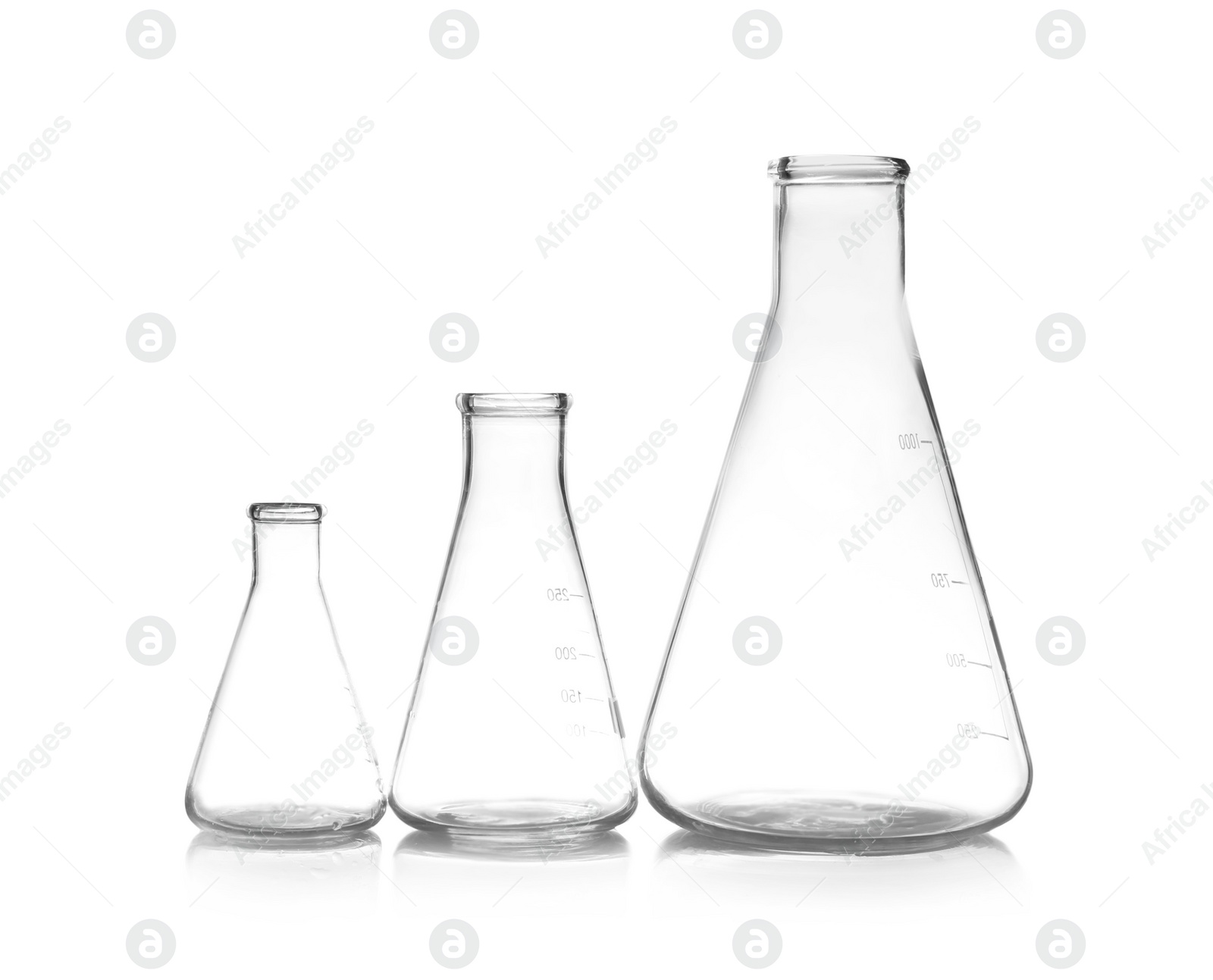 Photo of Empty conical flasks on table. Laboratory analysis