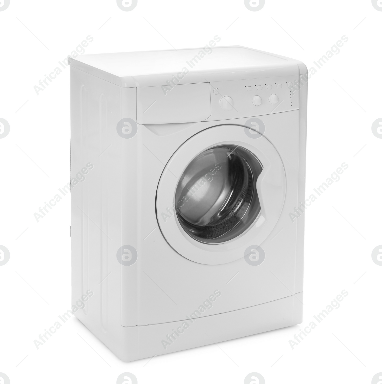 Photo of Modern washing machine isolated on white. Laundry day