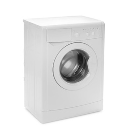 Photo of Modern washing machine isolated on white. Laundry day