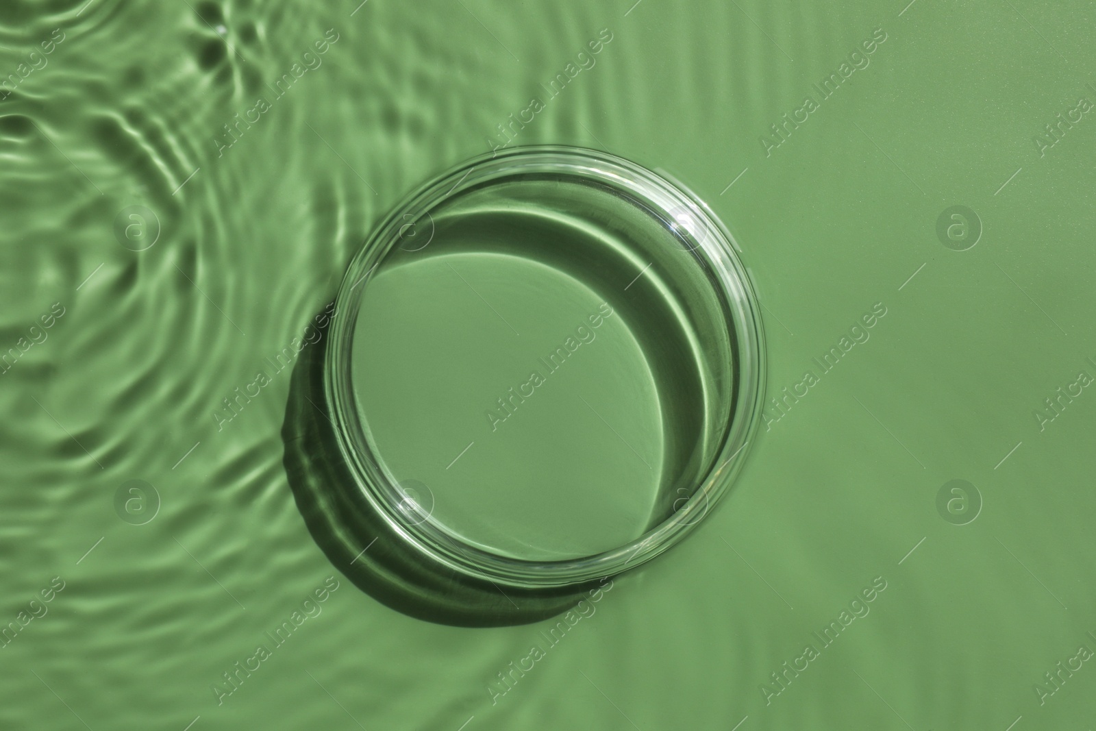 Photo of Stylish presentation for product. Glass podium in water on pale green background, top view