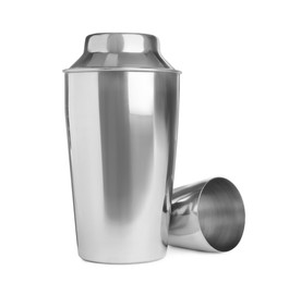 Photo of Metal cocktail shaker and cup on white background