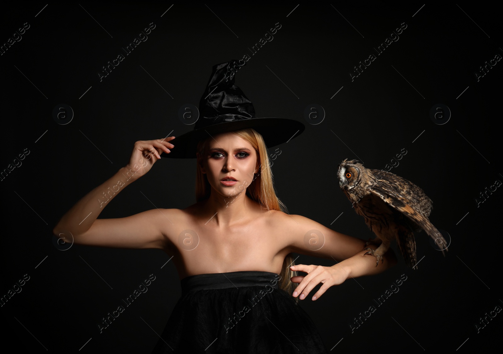 Photo of Witch in black hat with owl on dark background. Scary fantasy character