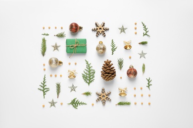Photo of Flat lay composition with Christmas items on white background
