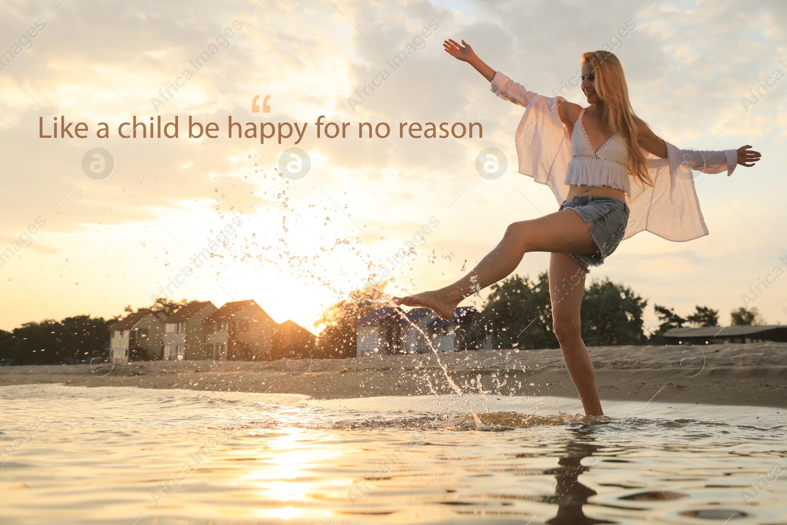 Image of Like A Child, Be Happy For No Reason. Inspirational quote saying that you don't need anything to feel happiness. Text against view of woman having fun at sea beach