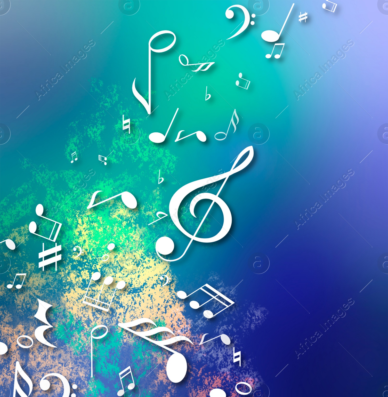 Illustration of Many music notes and other musical symbols on color background