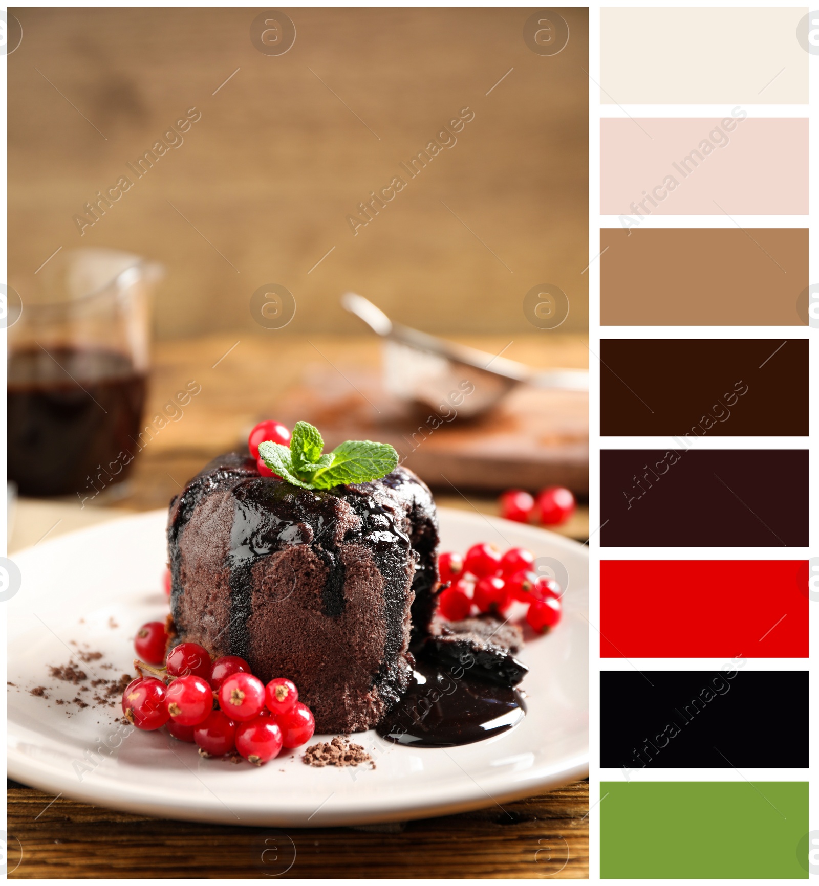 Image of Delicious warm chocolate lava cake with mint and berries on wooden table and color palette. Collage