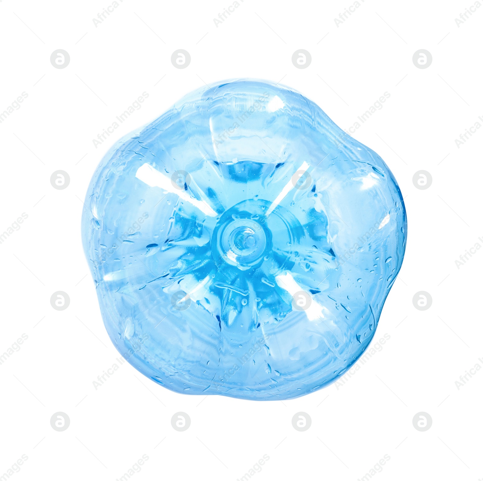 Photo of One plastic bottle on white background, top view. Recycle concept