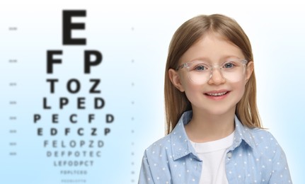 Image of Vision test. Little girl in glasses and eye chart on gradient background. Banner design