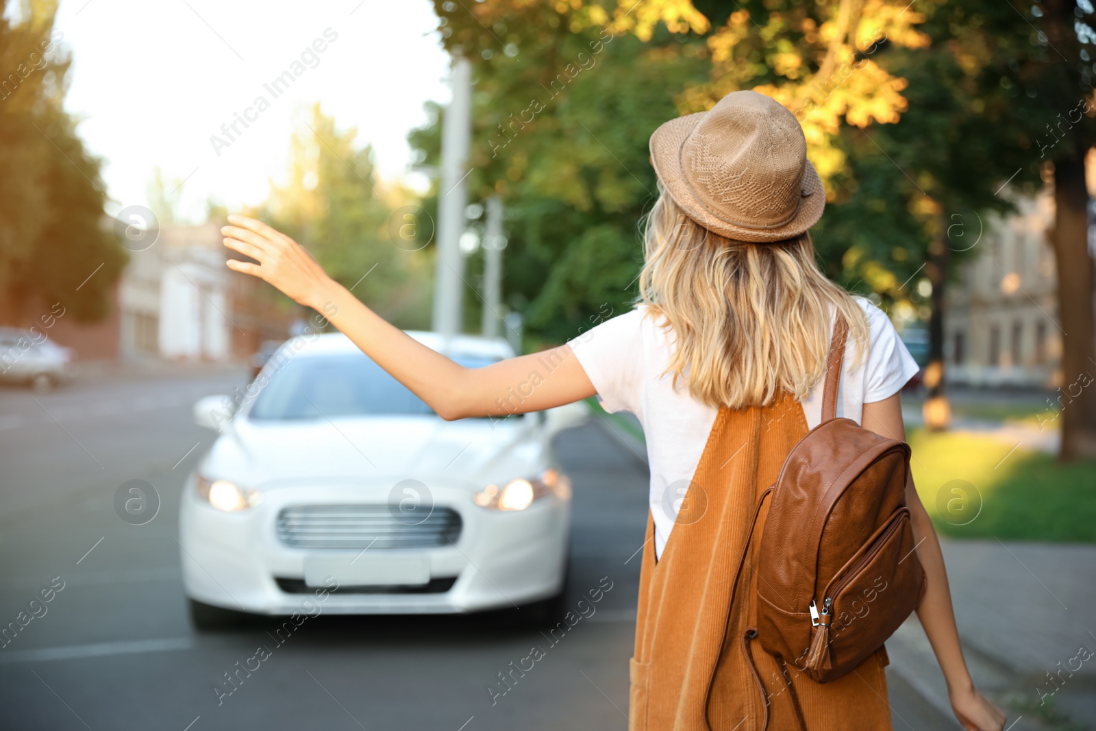 Photo of Young woman catching taxi on city street, back view