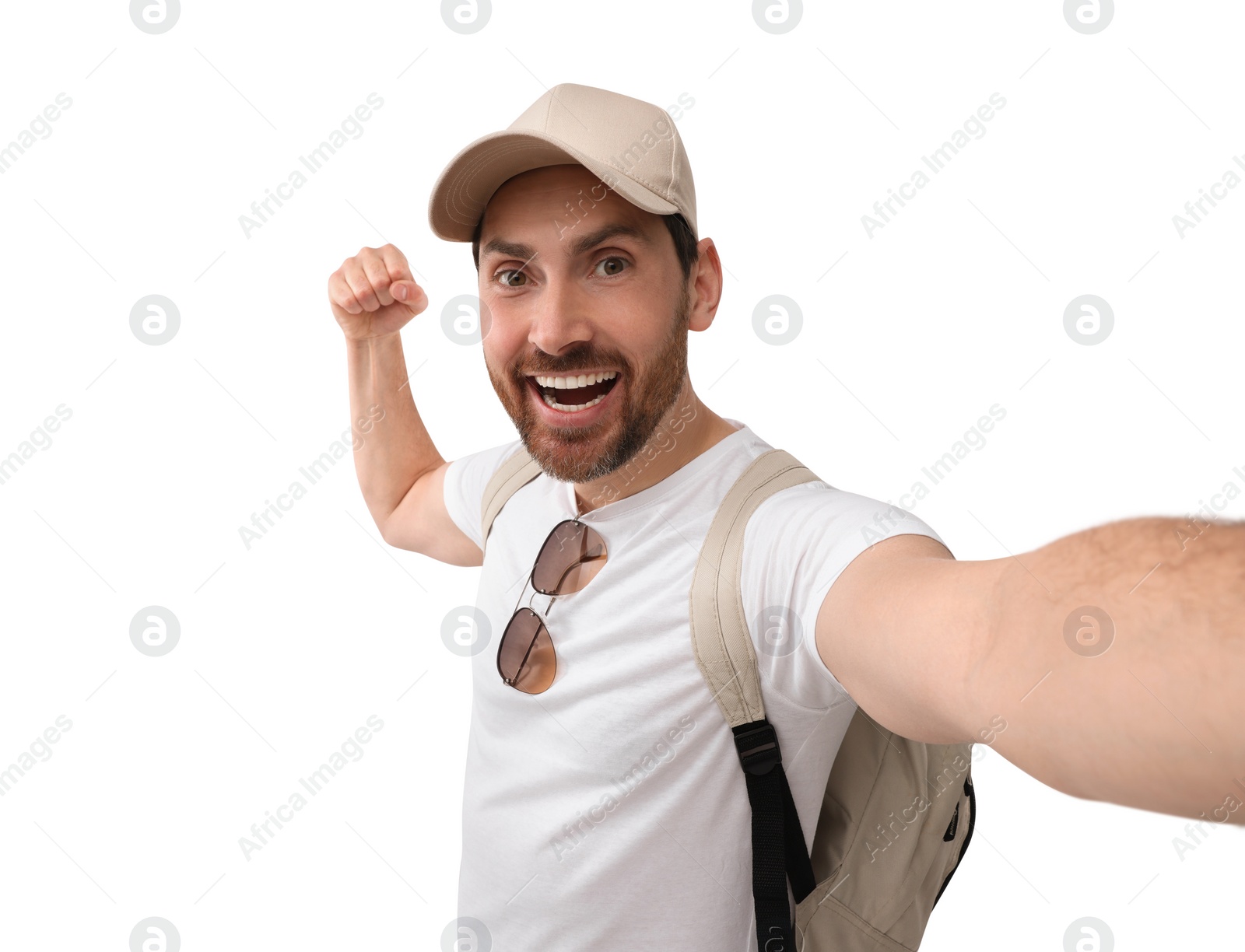 Photo of Smiling man taking selfie on white background