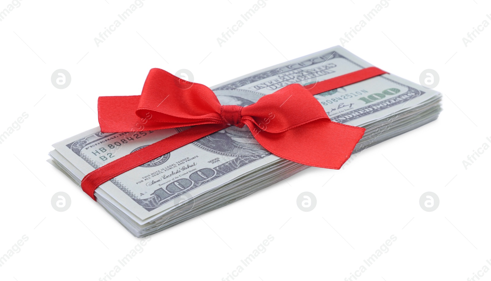 Photo of Stack of dollar banknotes with red ribbon isolated on white