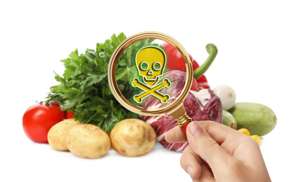 Image of Woman with magnifying glass detecting microbes on white background, closeup. Food poisoning concept  