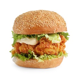 Photo of Delicious burger with crispy chicken patty isolated on white