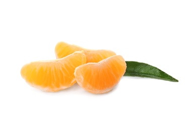 Photo of Fresh tangerine with green leaf on white background