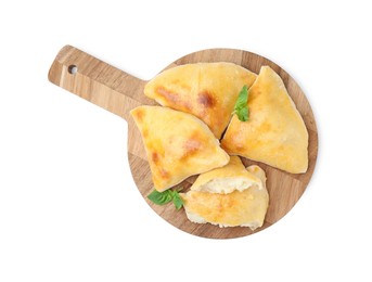 Photo of Wooden board with delicious samosas and basil isolated on white, top view