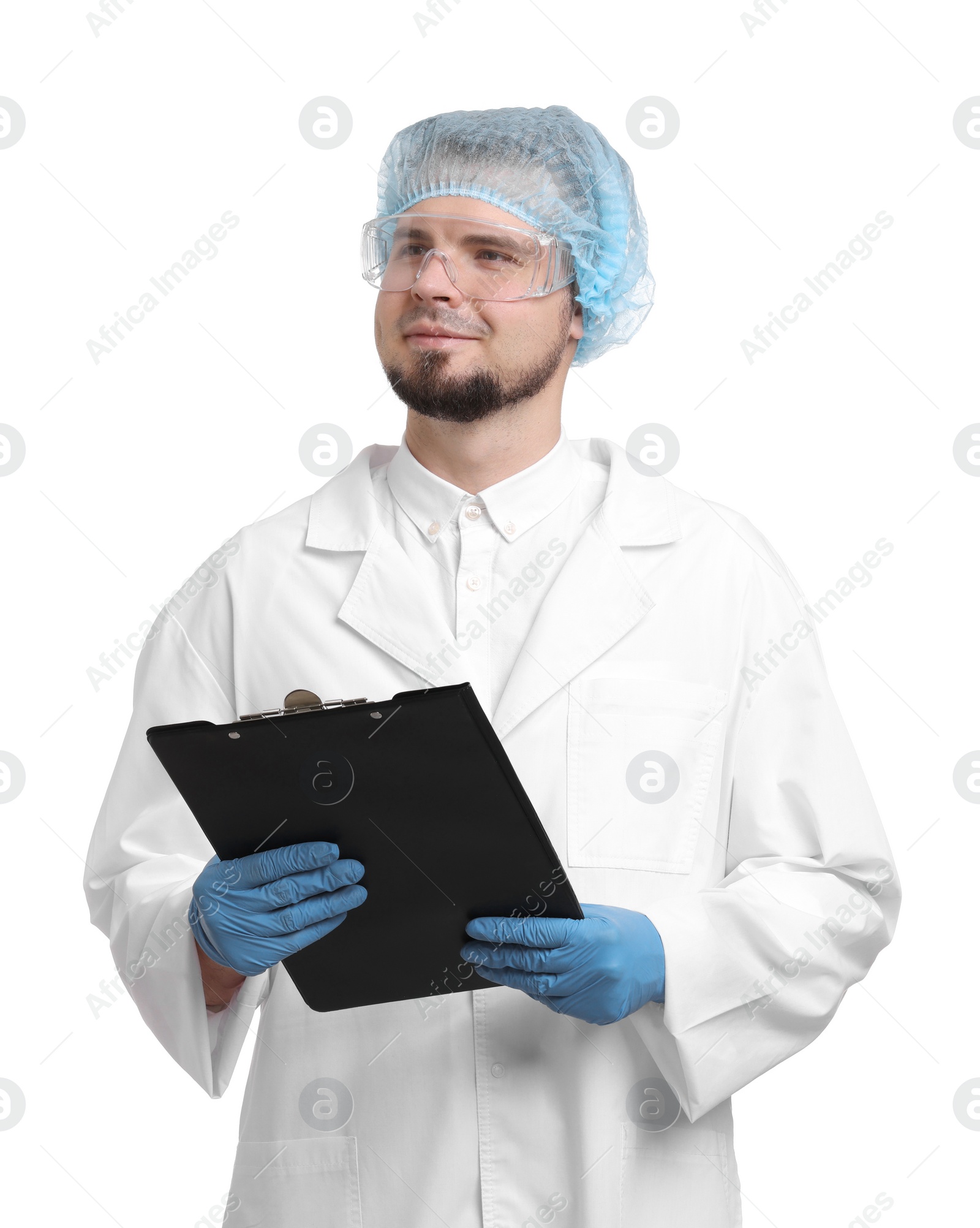 Photo of Quality control. Food inspector with clipboard on white background