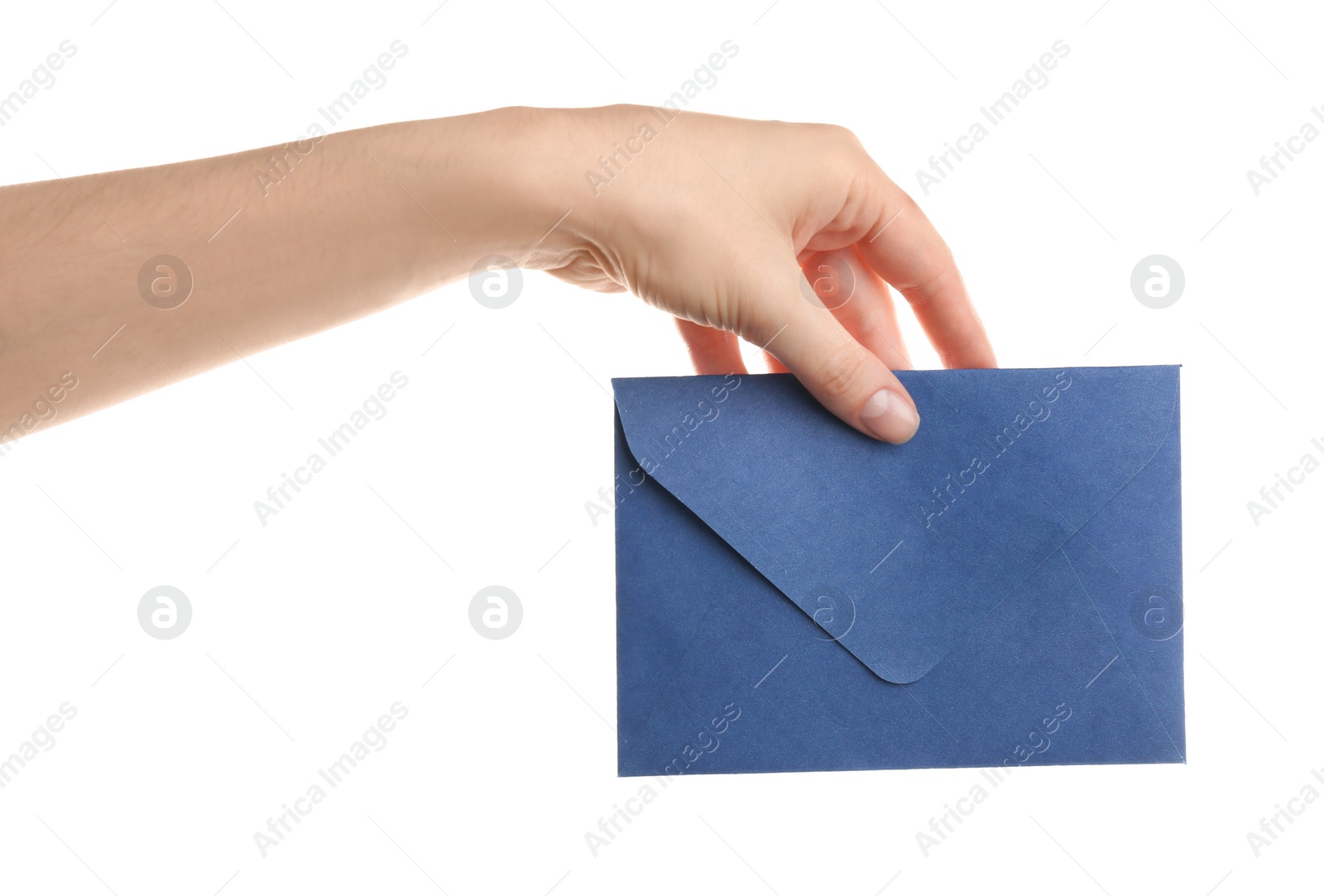 Photo of Woman holding blue paper envelope on white background, closeup