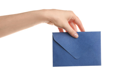 Woman holding blue paper envelope on white background, closeup