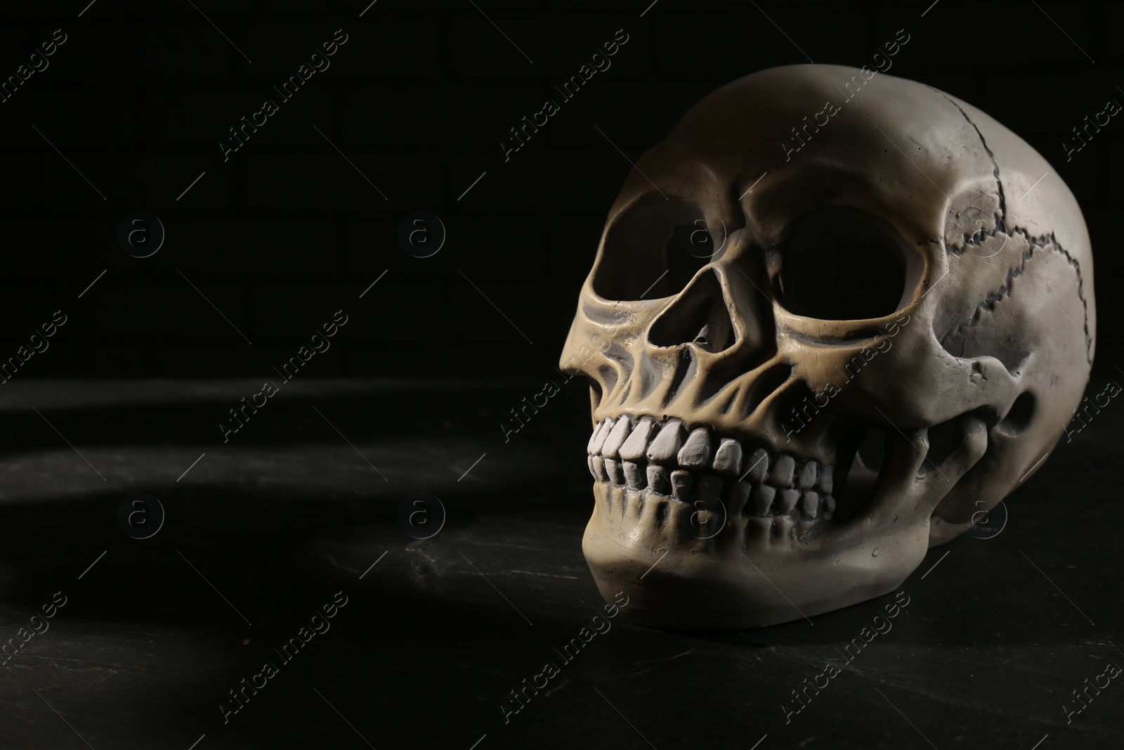 Photo of Old human skull with teeth on black background. Space for text