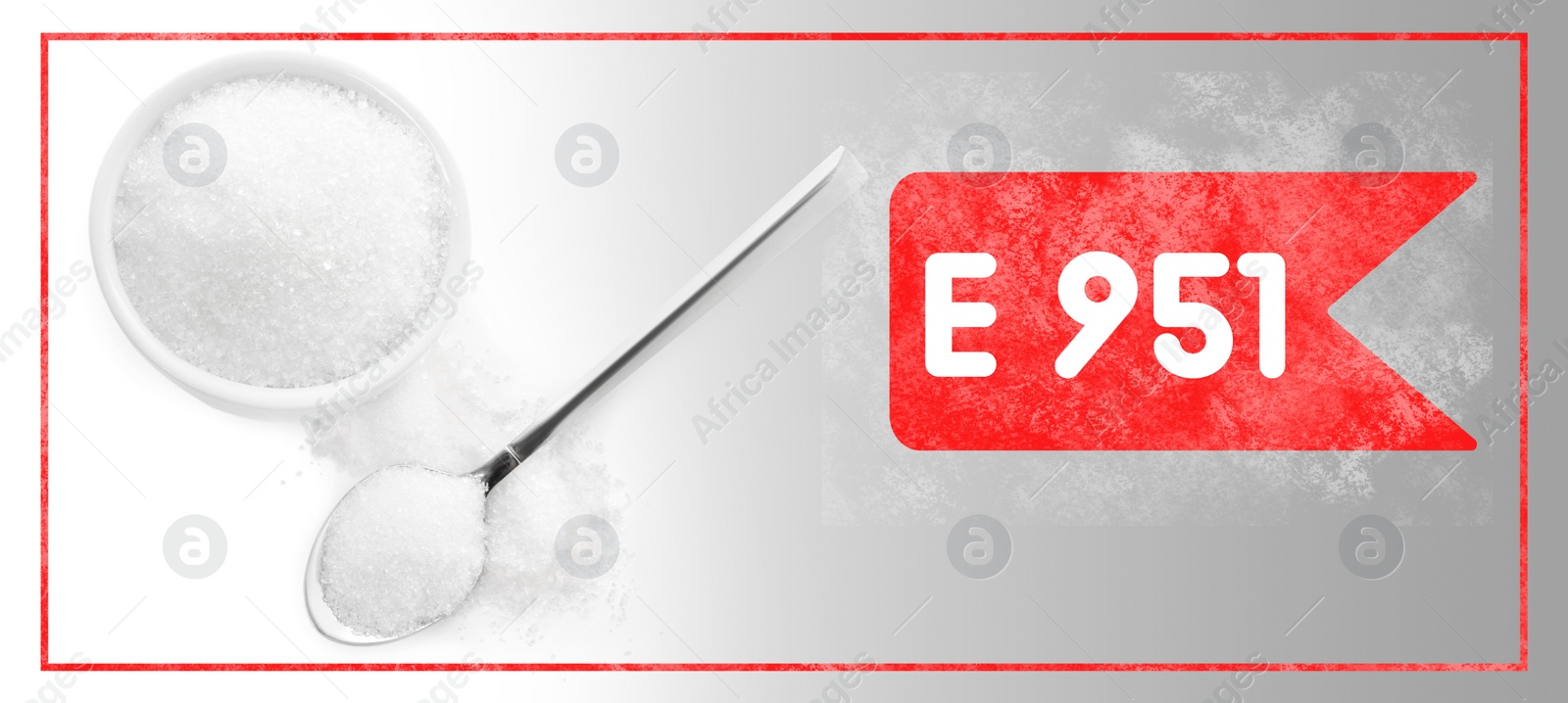 Image of Usage of aspartame, tag with code E951. Bowl and spoon of artificial sweetener on light background, top view. Banner design