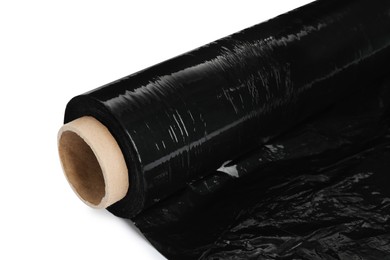 Roll of black stretch wrap isolated on white, closeup