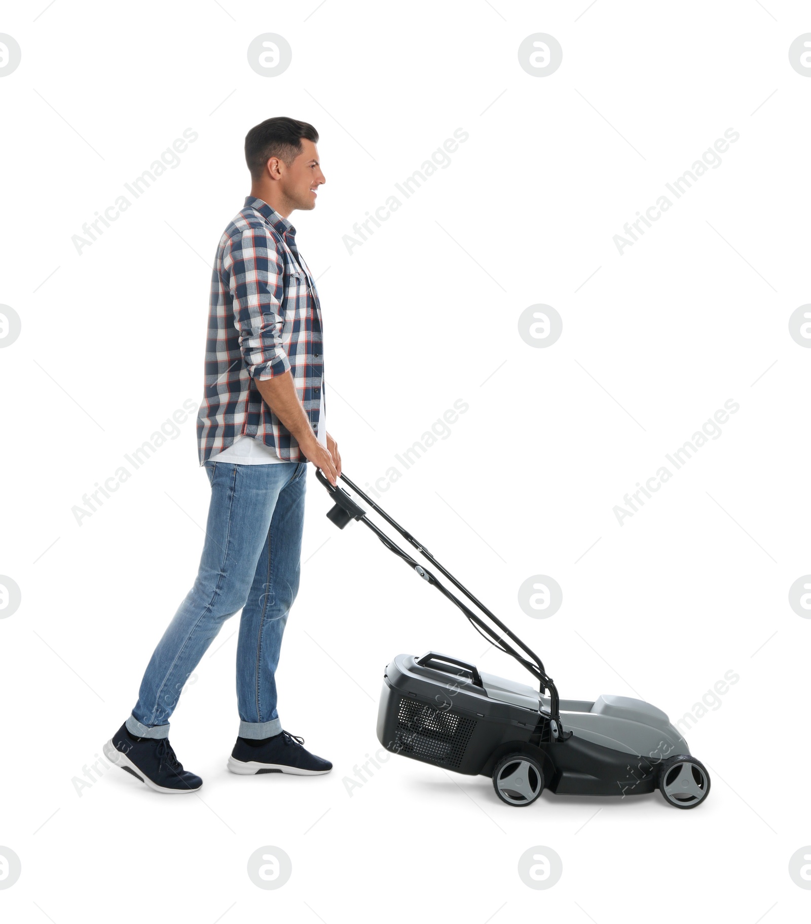 Photo of Man with modern lawn mower on white background