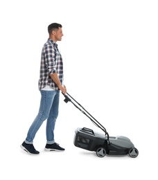 Man with modern lawn mower on white background