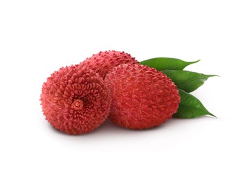 Image of Fresh lychees and green leaves isolated on white