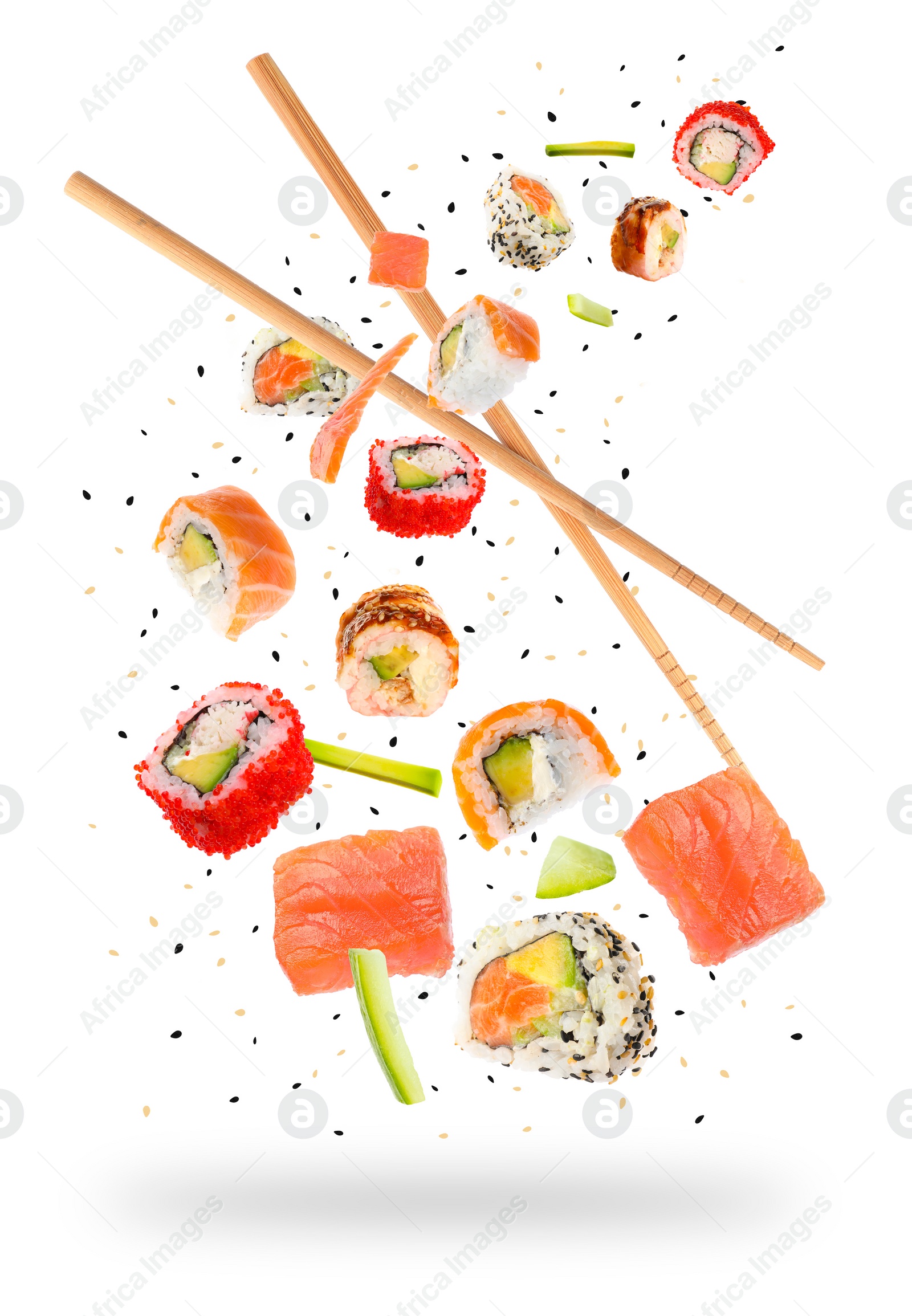 Image of Sushi rolls and wooden chopsticks flying on white background