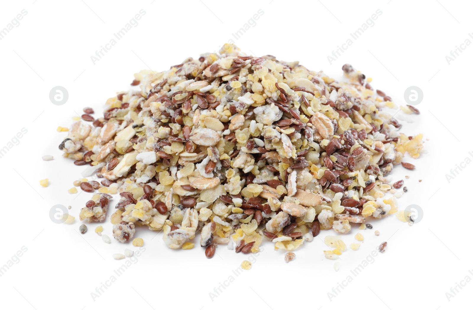 Photo of Pile of granola on white background. Healthy snack