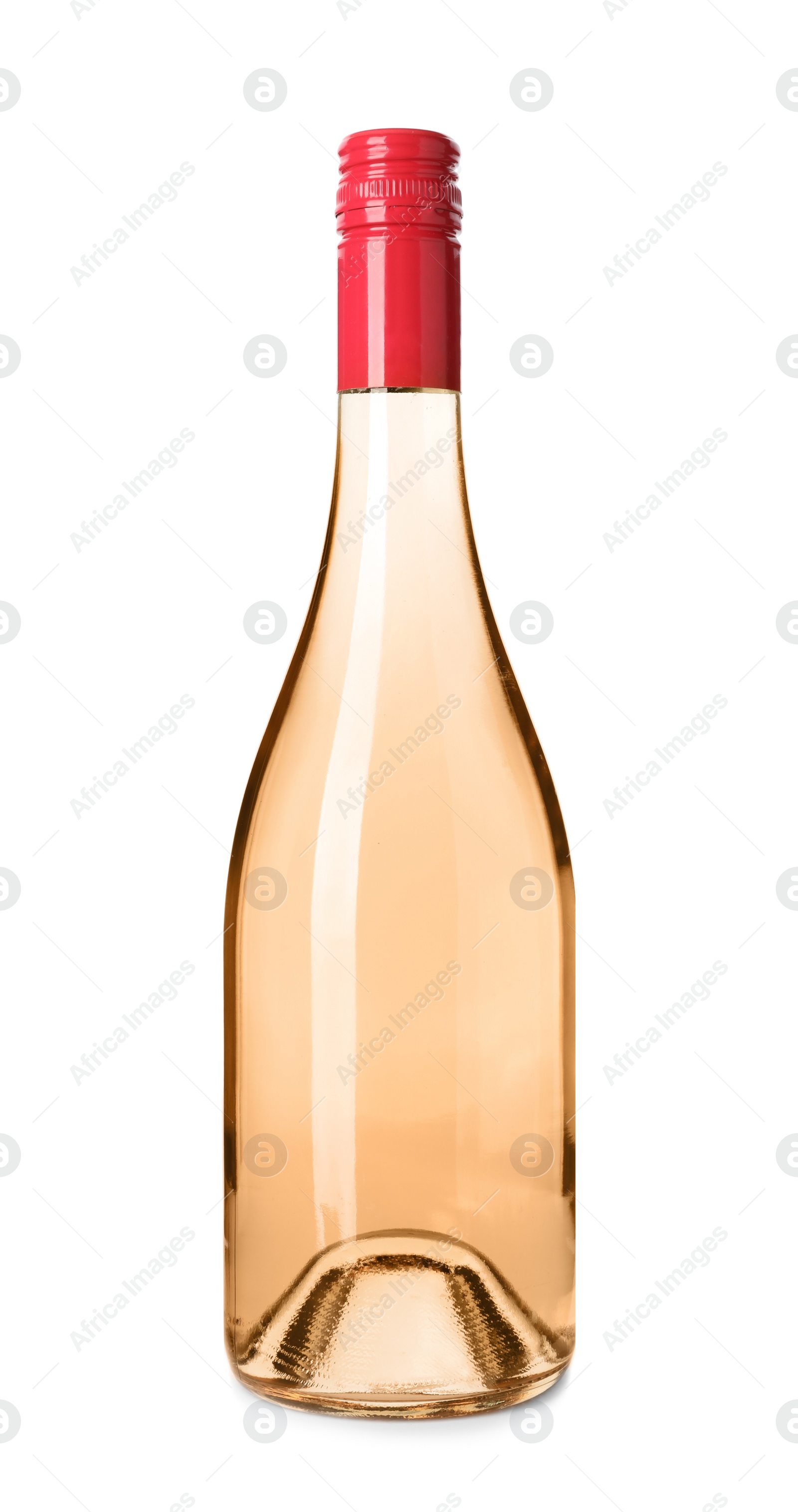 Photo of Bottle of pink wine on white background