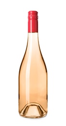 Photo of Bottle of pink wine on white background