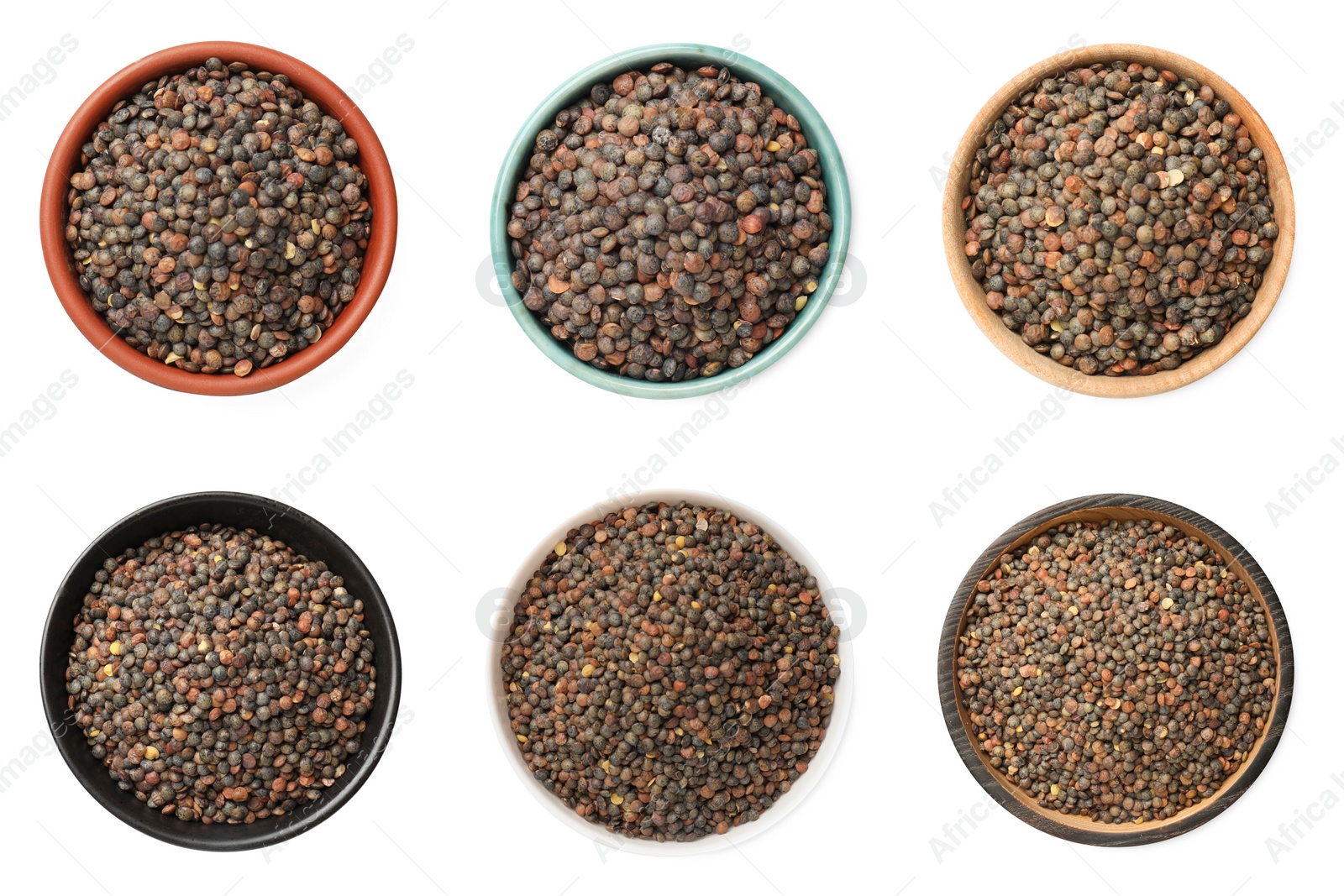 Image of Raw lentils in bowls on white background, top view