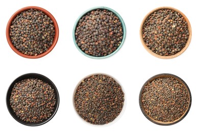 Image of Raw lentils in bowls on white background, top view