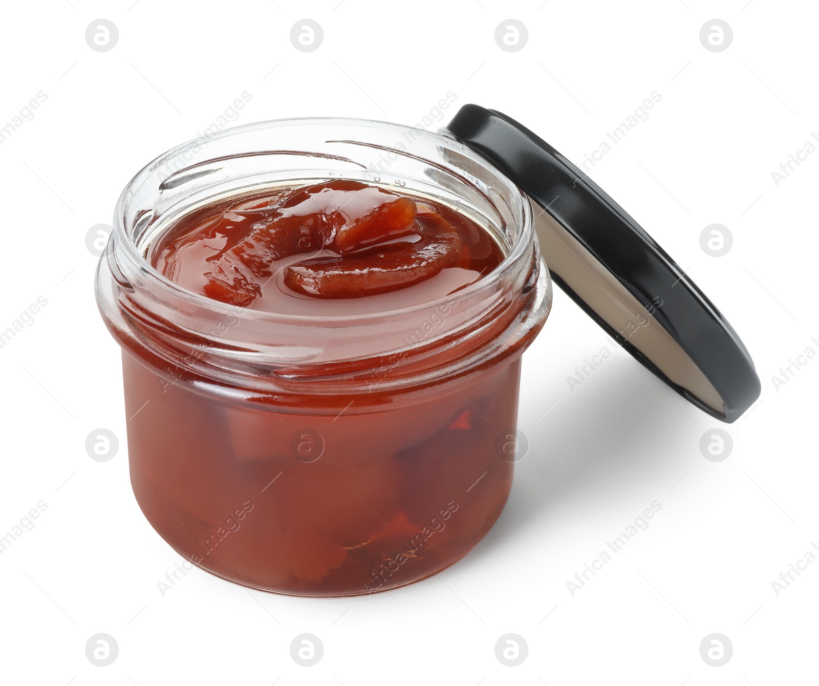 Photo of Tasty homemade quince jam in jar isolated on white