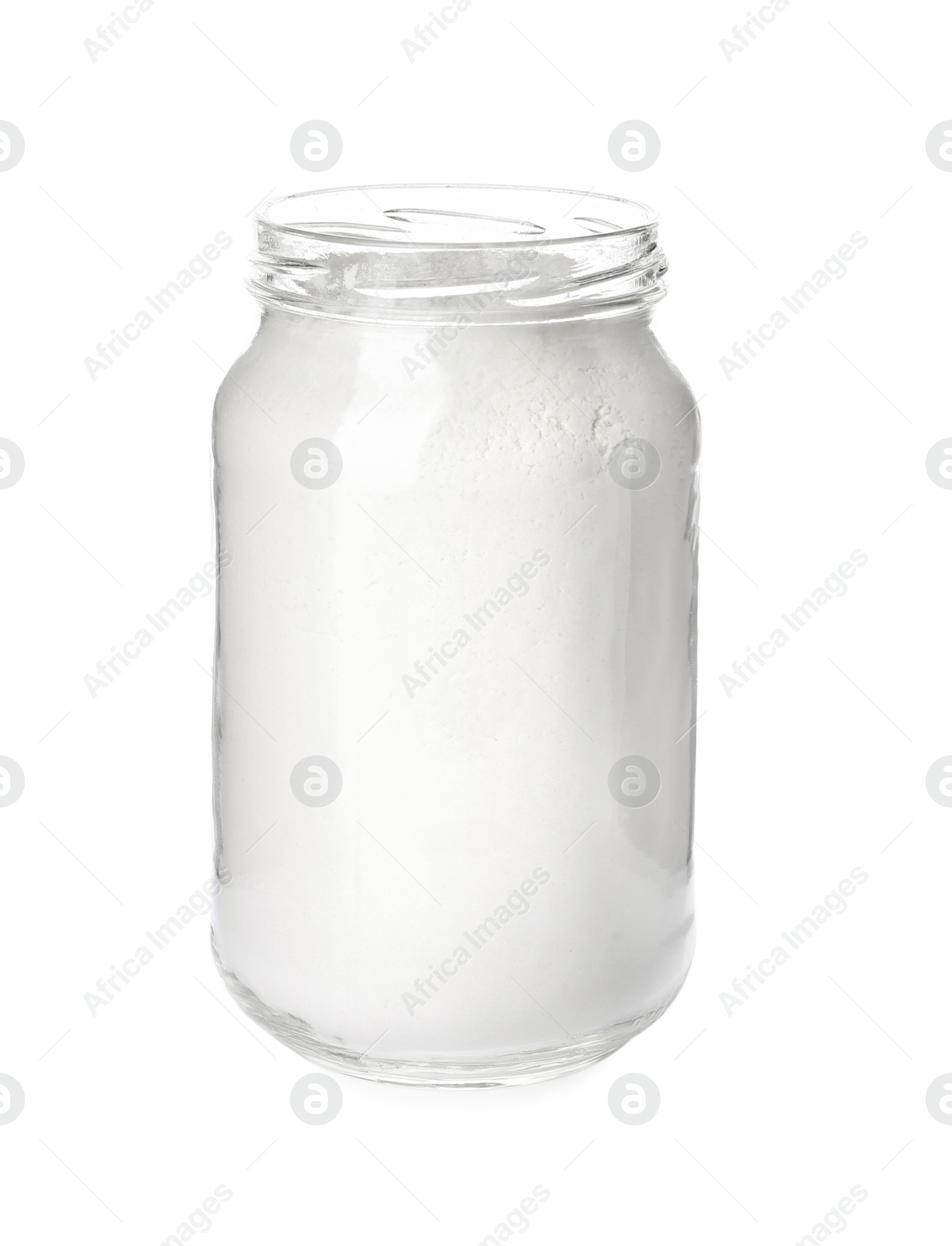 Photo of Organic flour in glass jar isolated on white