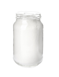 Organic flour in glass jar isolated on white