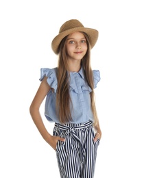 Photo of Portrait of cute little girl on white background